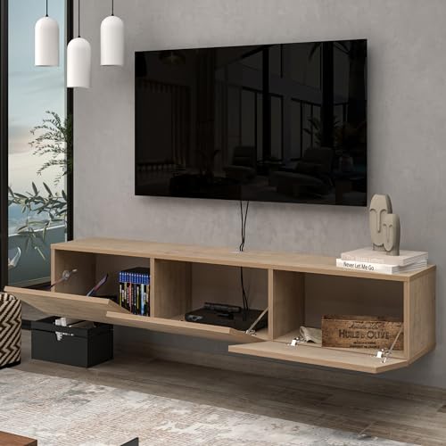 Floating TV Stand Wall Mounted for 65"–80" TVs, Modern Floating Entertainment Center with Cable Management, Wall Mount TV Stand with Storage, Mounted TV Console for Living Room - color: Oak