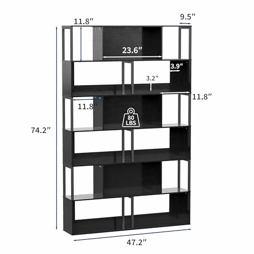 Garvee 6-Tier Bookshelf, Tall Geometric Bookcase, Modern Room Divider & Display Shelf with Anti-Tipping Devices, Mid Century Bookshelf for Living Room | Display Shelf with Anti-Tipping Devices, Mid Century Bookshelf for Living Room - color: Black, style:
