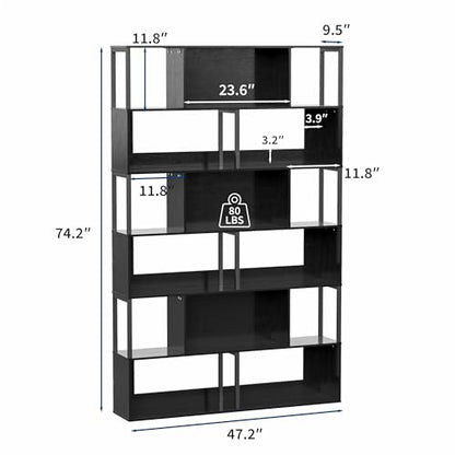IDEALHOUSE 6-Tier Bookshelf, Tall Geometric Bookcase, Modern Room Divider & Display Shelf with Anti-Tipping Devices, Mid Century Bookshelf for Living Room - color: Black