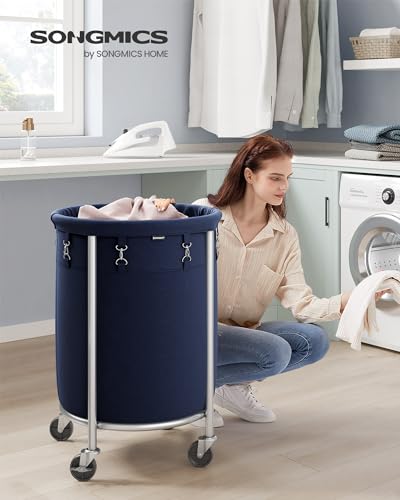 SONGMICS 29-Gallon (110 L) Laundry Basket with Wheels, Rolling Round Heavy-Duty Laundry Hamper Cart with Steel Frame and Removable Bag, 2 Locking Wheels, Charcoal Blue and Metallic Silver URLS002Q01 - color: Charcoal Blue + Metallic Silver, size: 110 L (1