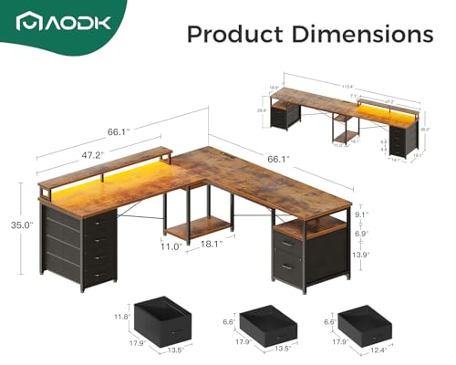 AODK 66" L Shaped Computer Desk, 113“ Reversible Home Office Desk with File Cabinet & 4 Fabric Drawers, Two Person Desk with LED Lights & Power Outlet, Corner Gaming Desk with Monitor Shelf, Vintage - color: Vintage