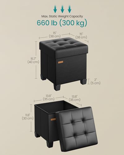 SONGMICS Storage Ottoman, Cube Ottoman with Legs, 15 x 15 x 15.7 Inches, Footstool, Footrest, 10 Gal. (37 L), Synthetic Leather, for Bedroom, Living Room, Dorm, Ink Black ULSF0512B02 - color: Ink Black