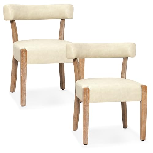 RNKSFX Modern Dining Chairs Set of 2, Faux Leather Upholstered Kitchen & Dining Room Chairs, Mid Century Modern Wooden Dining Chairs Oversized Sturdy Rounded Chairs Curved Back, Beige - color: Beige