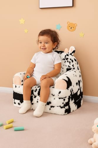 QIUODO Comfy Toddler Couch Chair, 2-in-1 Foldable Kids Sofa | Fold Out Toddler Couch with Faux Rabbit Fur, Soft Kids Sofa for Reading, Bedroom or Playroom Use, Ages 1-3（Cow）