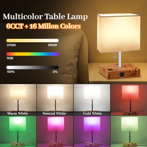 Smart RGB Dimmable Table Lamp Compatible with Alexa&APP&Remote Control, Wood Base | Bedside Desk Lamp with Charging Ports&Outlet&Phone Stand, Music Sync Nightstand Lamp for Bedroom Living Room Office Dorm - color: Wood, size: 1 Pack