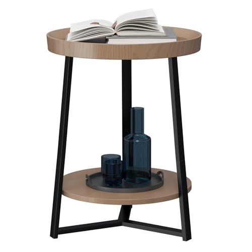 Round End Table with Storage Shelf, 2 Tier Farmhouse Side Table Nightstand for Living Room, Bedroom, Wood Tabletop & Black Metal Frame, Walnut Color 15.7 * 15.7 * 23.0inches - color: Walnut, size: 15.7"D x 15.7"W x 23"H (no Charging Station)