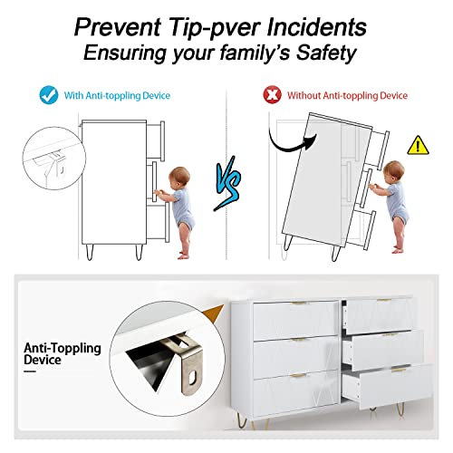 Anbuy White 6 Drawer Dresser for Bedroom Large, Double Dresser with Wide Drawers and Gold Handles, Chest of Drawers - color: White, size: 13.4"D x 47.54"W x 28.73"H(6 Drawers)