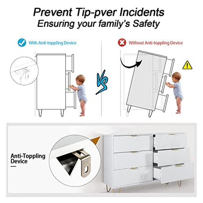 Anbuy White 6 Drawer Dresser for Bedroom Large, Double Dresser with Wide Drawers and Gold Handles, Chest of Drawers - color: White, size: 13.4"D x 47.54"W x 28.73"H(6 Drawers)
