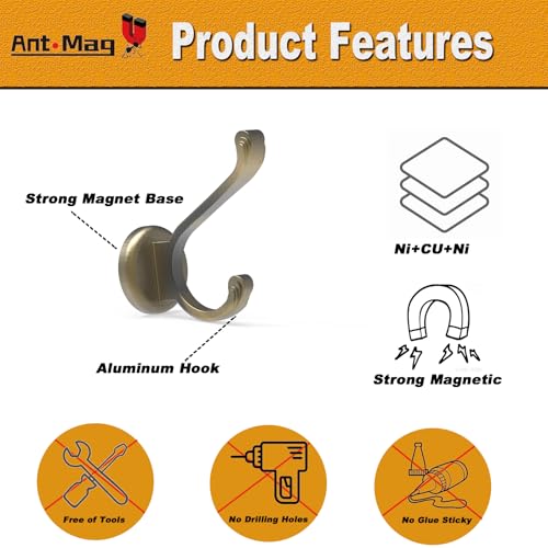 Ant Mag Magnetic Hooks Heavy Duty 140LBS, Neodymium Wall Coat Hooks 2 Pack | Strong Magnet Hooks for Hanging Coats, Robes, Backpacks, Bags, Hats, Keys, Mugs, Cups, Towels, Bronze - color: Bronze, size: 2 Pack