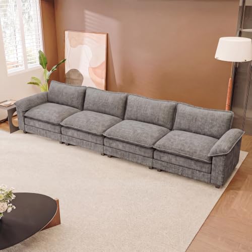 JUMMICO 159" Sectional Couch, Modular Cloud Sofa, Light Grey | Comfy Chenille, 4 Deep Seats, High-Density Foam, Double Layer Cushions, Oversized Linear Sofa for Living Room and Apartment - color: Light Grey, size: Linear Sofa