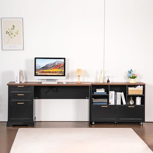 60" Professional Office Desk with 40" Mobile File Cabinet,Business Desk with Charging Station,L Shaped Executive Desk Set for Office Work,Home Study - color: Walnut & Black