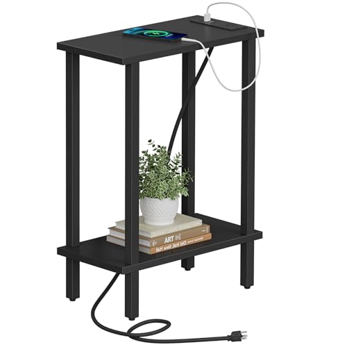 TUTOTAK Narrow Side Table, 2-Tier Small End Table with Charging Station | Skinny Sofa Table, Slim Nightstand, Easy Assembly for Living Room, Bedroom, Black TB01BK060 - color: Black, size: 2-tier