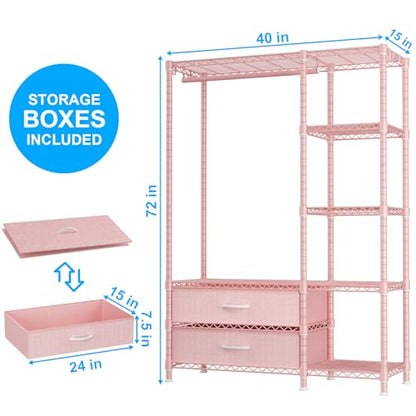 F3 Heavy Duty Clothes Rack（With Fabric Drawers）Freestanding Clothing Racks for Hanging Clothes，Adjustable Closet Organizer System，Portable Garment Rack 40" W x 15" D x 72" H，Max Load 700LBS，Pink - color: Pink, style: Freestanding