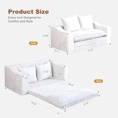 61" Boneless Loveseat Sleeper, Folding Sofa Bed, Diamond Velvet Cover,White | Memory Foam Pull Out Futon Bed with Removable Washable Cover, Space-Saving Fold Out Couch for Living Room & Guest Room - color: White