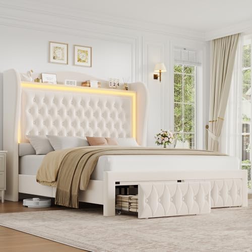 Queen Bed Frame 55" Tall Headboard with LED Lights, Buttons Tufted Velvet Upholstered Platform Bed Frame with 2 Storage Drawers, Wood Slats Support Mattress Foundation, No Box Spring Needed, Beige - color: Beige, size: Queen