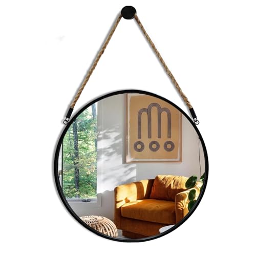POZINO 15" Small Round Rope Hanging Mirror with Black Metal Frame | Circle HD Mirror with Jute Rope, Anti-Rust, Farmhouse Decorative Wall Mirror for Entryway, Living Room, Fireplace, Bedroom - color: Black, size: 15"L x 15"W