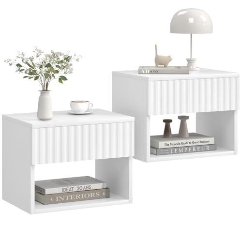Floating Nightstand Set of 2, Modern Wall Mounted Bedside Tables with Fluted Drawer, Night Stand Small End Table with Open Storage Shelf for Bedroom, Living Room, Small Spaces, White