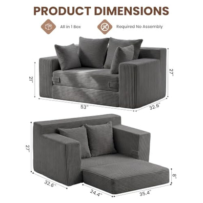 Boneless Mini Couch 53 Inch, 3-in-1 Gray Boneless Couches Covertible Sofa Bed with 4 Pillows, Small Couches for Living Room, Bedroom, Small Space - color: Grey, size: 53 Inch
