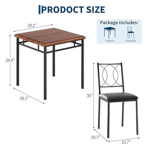 IDEALHOUSE Space-Saving Dining Table Set for 2, 3-Piece Farmhouse Wood | Table & Upholstered Chairs – Easy to Clean, Compact Apartment Furniture – Ideal for Small Spaces – Walnut Color - color: Walnut
