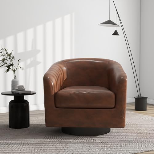 Swivel Barrel Accent Chair, Comfy Reading Armchair, Coffee, Set of 1 | Club Chairs for Adults, Low-Back Design, Modern Round Style, Solid Wood Frame & Metal Swivel Base, For Living Room & Bedroom - color: Coffee