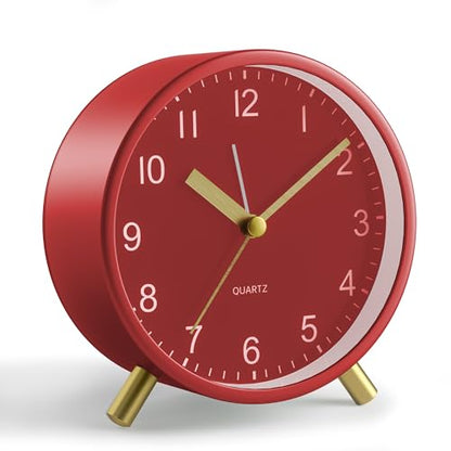 JALL Analog Alarm Clock, 4 inch Super Silent Non Ticking Small Clock with Night Light, Battery Operated, Simple Design, Easy Setting for Office, Bedroom, Bedside, Desk, Teens, Elders, Adult, Red - color: Red+gold