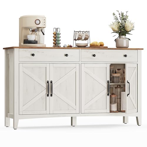 VASAGLE LIRY Collection - Buffet Cabinet, Coffee Bar Cabinet with 2 Drawers, Adjustable Shelves, Sideboard Storage with Cable Holes, Drawer Dividers, Rustic White and Honey Brown UBBK381WJ01S
