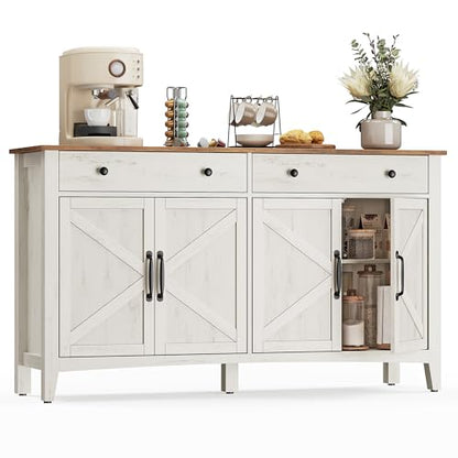 VASAGLE LIRY Collection - Buffet Cabinet, Coffee Bar Cabinet with 2 Drawers, Adjustable Shelves, Sideboard Storage with Cable Holes, Drawer Dividers, Rustic White and Honey Brown UBBK381WJ01S
