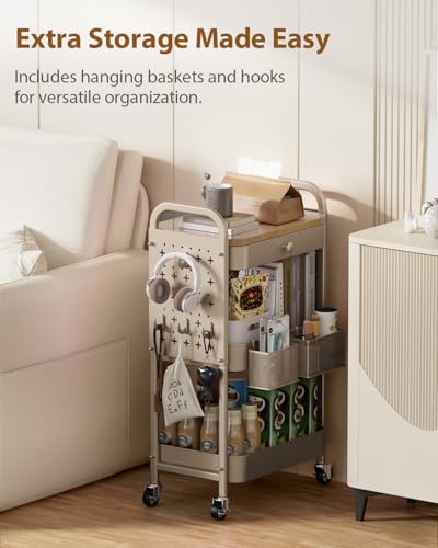ALVOROG 3 Tier Metal Rolling Cart with Drawer,Wood Top,Pegboards,Khaki | Storage Utility Cart with Drawers,Pegboards,Lockable Wheels,Baskets,Hooks for Kitchen,Office,Bedroom,DIY Supplies - color: Beige