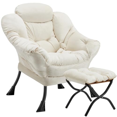 Lazy Chair with Folding Ottoman Modern Large Accent Chair,Contemporary Lounge Leisure Sofa Chair with Armrests Upholstered Sofa Armchair Reading Chair for Bedroom,Dorm & Office (Beige-f) - color: Beige