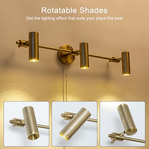 Modern Gold 3-Light Plug-in 31.1" Wall Sconce Light, 1 Pack | 3-Light Vanity Wall Lamp Picture Art Light Brass Wall Mount Lighting Fixture for Living Room, Bathroom & Bedside - color: B-Gold