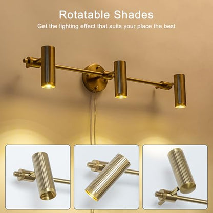 Modern Gold 3-Light Plug-in 31.1" Wall Sconce Light, 1 Pack | 3-Light Vanity Wall Lamp Picture Art Light Brass Wall Mount Lighting Fixture for Living Room, Bathroom & Bedside - color: B-Gold