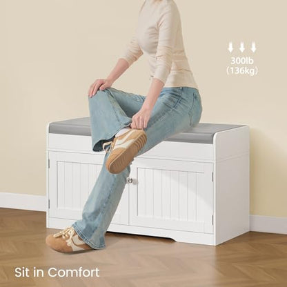 2-Tier Storage Bench, Shoe Bench with Adjustable Shelf & Lift Top Storage, Entryway Bench with Cushioned Seat,13.8"D x 36.2"W x 19.7"H, Shoe Organizer for Entryway, Living Room, Bedroom, White - size: 13.7"D x 36.2"W x 19.6"H