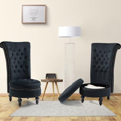AVAWING High Back Velvet Tufted Throne Chairs with Storage Set of 2, Black | Tufted Nailhead Design; Hidden Storage; Soft Velvet; Sturdy Wood Legs 330Lbs; High Density Foam; Ergonomic Back - color: Black