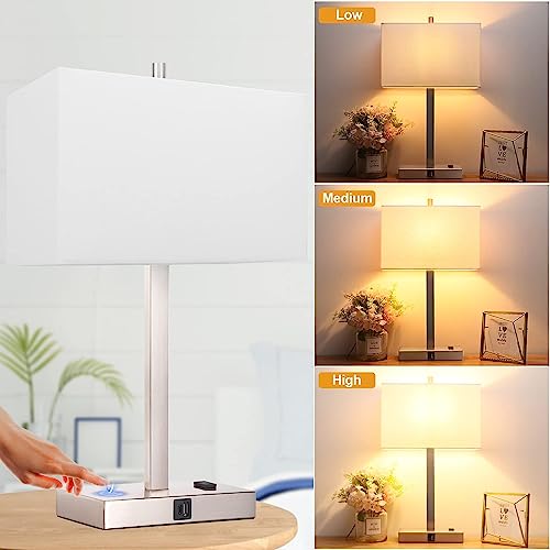 21" Touch Bedside lamps with 2 USB & AC Outlets, 3-Way Dimmable Bedside Table Lamps Set of 2 for Bedroom Living Room Office Reading, White Shade Lamps for Night Stands, 3000K LED Bulbs Included - color: (2 pack)White Cream Linen & Brushed Nickel(Base)-300