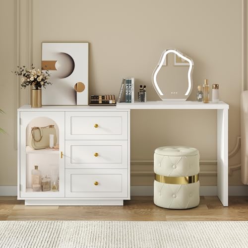 RoyalCraft 59” Makeup Vanity Desk, White Vanity Dresser Combo, Modern Dressing Table with 3 Drawer & 1 Door, Vanity for Bedroom, L Sharped Corner Table for Working, Drawing, Nail Care (Without Mirror) - color: White