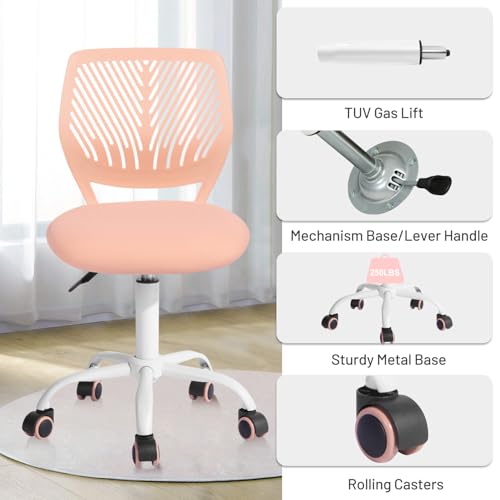Desk Chair Armless for Kids, Height Adjustable Small Study Computer Task Chair for Student Children Teens with Wheels, Small Office Chair Compact Rolling with Mesh Cushion and Plastic Low-Back, Rose - color: Rose
