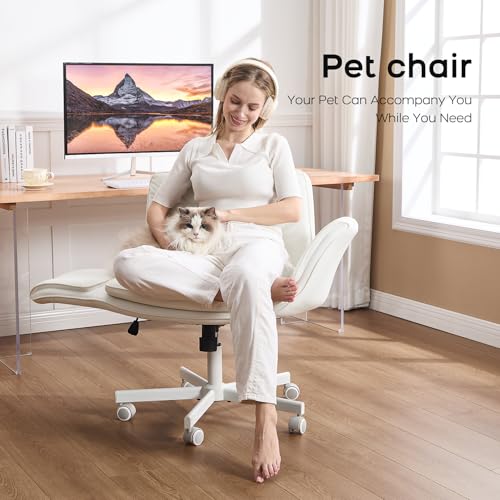amseatec Criss Cross Office Chair, Swivel Makeup Vanity Chair with Wheels | Wide PU seat supports cross-legged, fidget-friendly sitting; 5-level armrests create pet space; wipe-clean finish eases care - color: White