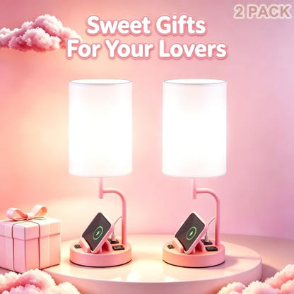 Dreamholder 2 Pack Table Lamp, Bedside Lamp with 3 USB Charging Ports & AC Outlet, USB Desk Lamp with 2 Phone Holders, Linen Fabric Shade Nightstand Lamps for Bedroom Living Room Office, Baby Pink - color: Baby Pink