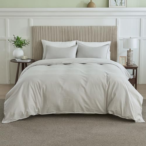BISELINA French Linen Duvet Cover Set 3pcs with Hidden Zipper Closure Natural Flax Cotton Blend Solid Color Soft Breathable Luxury Farmhouse Bedding - Full Size, Khaki Grey - color: Khaki Grey, size: Full