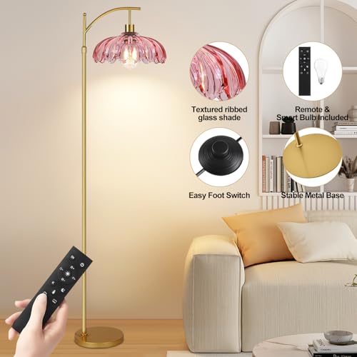 QIYIZM Pink Floor Lamp for Living Room,Bedroom,Gold Dimmable Standing Lamp with Remote,Mid Century Modern Brass Tall Lamp Boho Floor Lamps Arc Stained Glass Flower Floor Light Lamp Girls kids Bohemian - size: 22-Floor Lamp