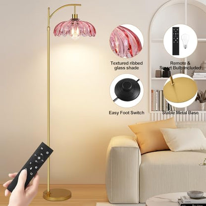 QIYIZM Pink Floor Lamp for Living Room,Bedroom,Gold Dimmable Standing Lamp with Remote,Mid Century Modern Brass Tall Lamp Boho Floor Lamps Arc Stained Glass Flower Floor Light Lamp Girls kids Bohemian - size: 22-Floor Lamp