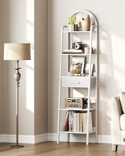 5 Tier Ladder Shelf with Drawer, Tall Ladder Bookshelf, Standing Bookcase with Metal Frame for Living Room, Bathroom, Home Office, Study, Balcony, White TCJ07WB - color: White