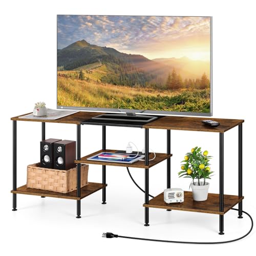 OYEAL Small TV Stand for Bedroom up to 50 inch Farmhouse TV Media Entertainment Center with Power Outlets & Storage Shelf Rustic TV Console Table for Living Room, Rustic Brown - color: Rustic Brown
