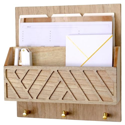 BLU MONACO Wall-Mounted Mail and Key Holder – Natural Wood 2-Tier Letter Organizer with 3 Hooks | Entryway Command Center for Mail, Keys, and Documents - color: Natural Wood