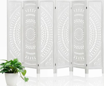 6 Panel White Room Divider, 67 Inch Wood Carved Privacy Screen, Bohemian Style Folding Room Divider, Portable Partition Wall Divider for Room Separation (White)