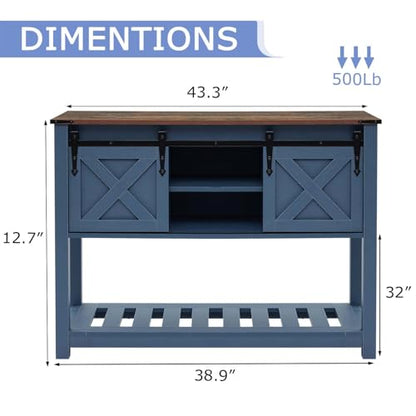 Farmhouse Entryway Table with Sliding Barn Doors, Wood Console Table with Storage Shelf, Rustic Sofa Table for Living Room, Entryway, Foyer, Blue - color: Blue