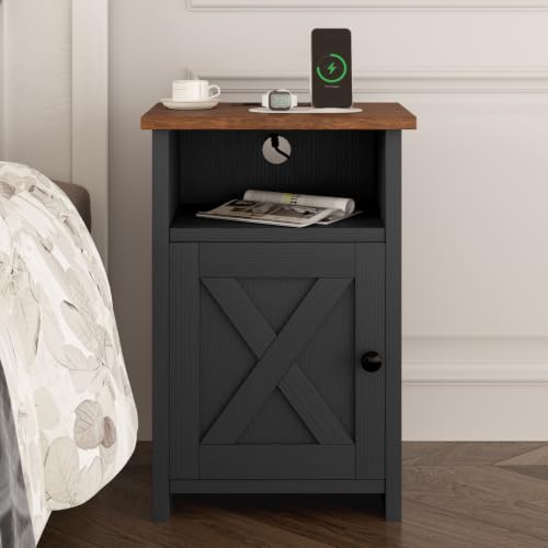 Farmhouse End Table Set of 2 w/Charging Station, Nightstands w/Barn Door & Storage Shelf, Rustic Bedside Table for Living Room, Bedroom, Entryway, Office, Small Spaces, Black