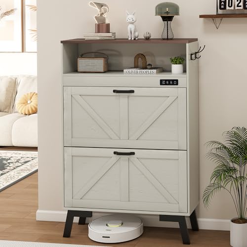 Shoe Cabinet with Deodorizer, Narrow White Entryway Storage, Anti-Tip | Deodorizer with 4 Modes | 2 Flip Drawers | Adjustable Shelves | Narrow White Design | Anti-Tip Kit | 9.4"D x 31.4"W - size: 47"H x 34.1"W x 9.4"D