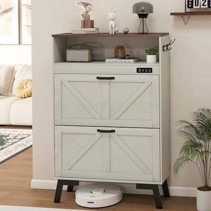 Shoe Cabinet with Deodorizer, Narrow White Entryway Storage, Anti-Tip | Deodorizer with 4 Modes | 2 Flip Drawers | Adjustable Shelves | Narrow White Design | Anti-Tip Kit | 9.4"D x 31.4"W - size: 47"H x 34.1"W x 9.4"D