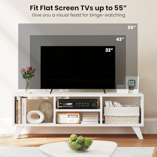 GIANTEX White TV Stand for TVs up to 55", 4-Cubby Modern Entertainment Center with Open Storage Shelves, Wood Media Console Table for Living Room, Bedroom